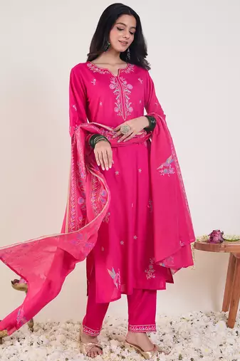 Pink embroidered viscose rayon kurta trouser dupatta set