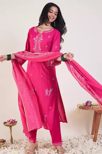 Pink embroidered viscose rayon kurta trouser dupatta set