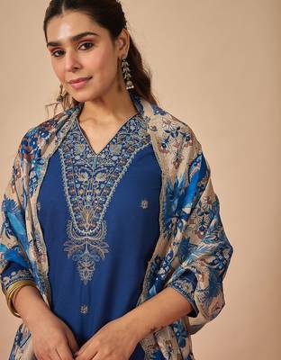 Blue embroidered viscose rayon kurta trouser dupatta set 1