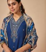 Blue embroidered viscose rayon kurta trouser dupatta set