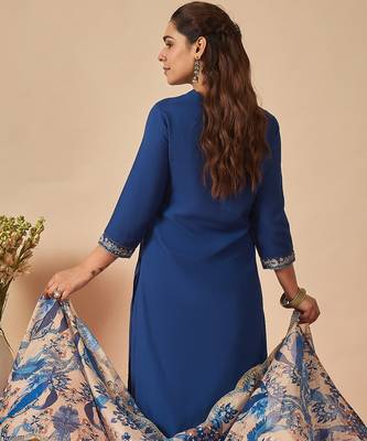 Blue embroidered viscose rayon kurta trouser dupatta set 2