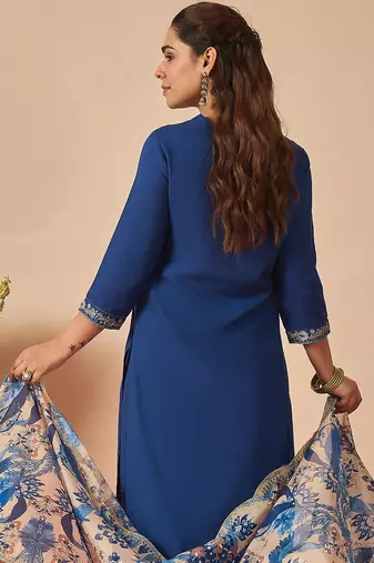 Blue embroidered viscose rayon kurta trouser dupatta set