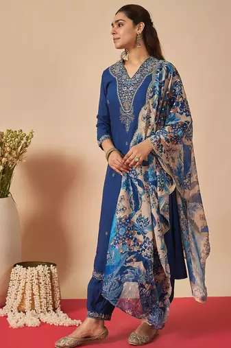 Blue embroidered viscose rayon kurta trouser dupatta set