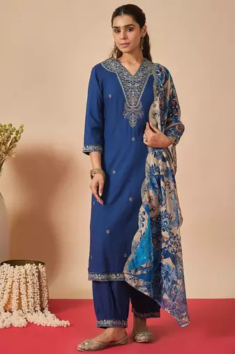 Blue embroidered viscose rayon kurta trouser dupatta set