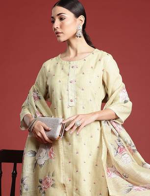 Yellow embroidered linen kurta trouser dupatta set 1