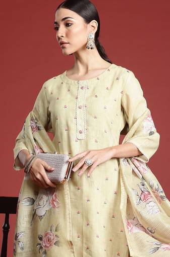 Yellow embroidered linen kurta trouser dupatta set