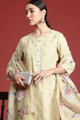 Yellow embroidered linen kurta trouser dupatta set