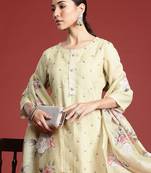 Yellow embroidered linen kurta trouser dupatta set
