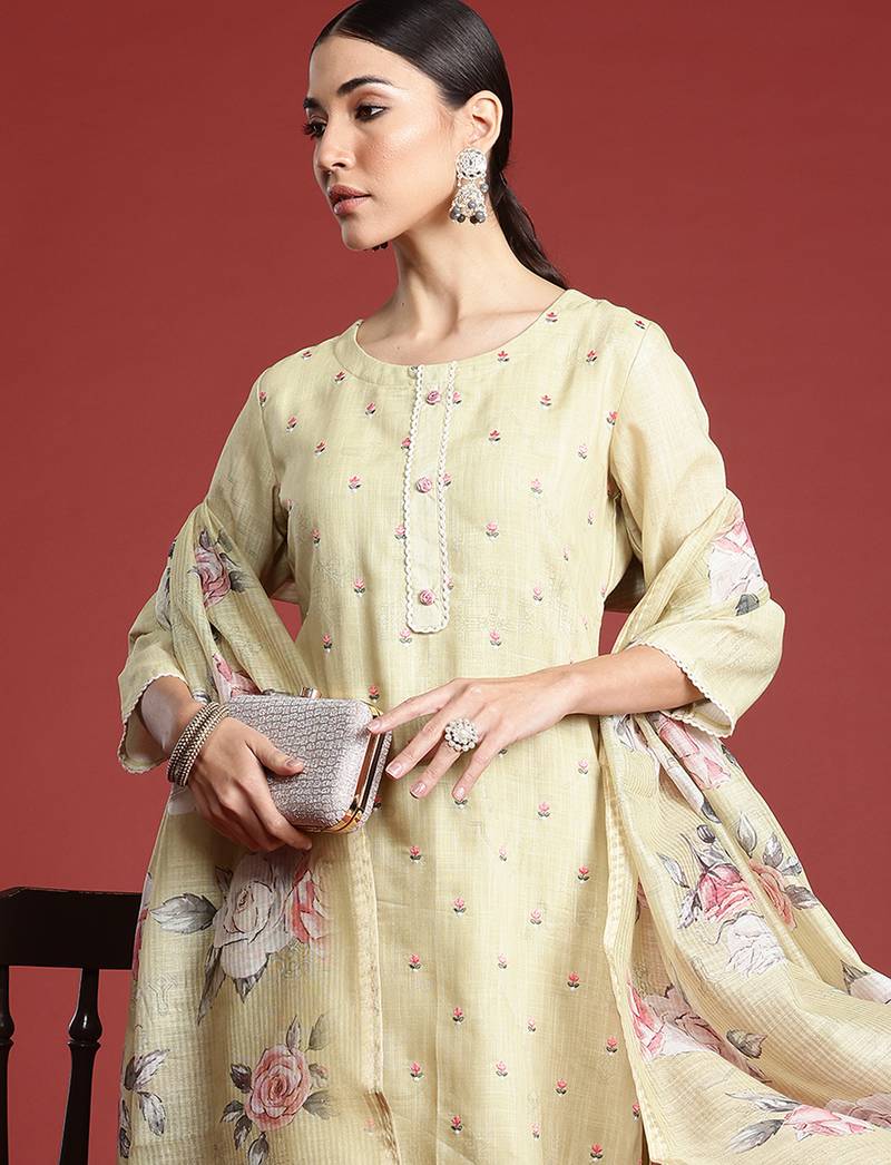 Yellow embroidered linen kurta trouser dupatta set