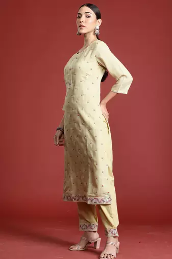 Yellow embroidered linen kurta trouser dupatta set