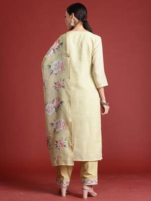 Yellow embroidered linen kurta trouser dupatta set 3