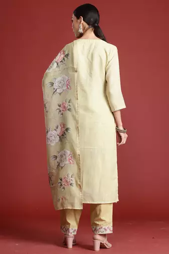 Yellow embroidered linen kurta trouser dupatta set