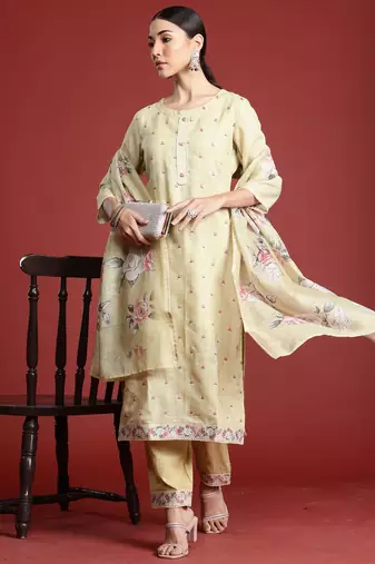 Yellow embroidered linen kurta trouser dupatta set