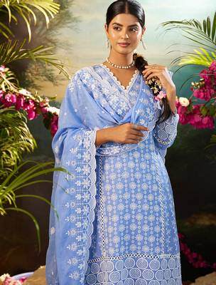 Blue embroidered pure cotton kurta trouser dupatta set 1