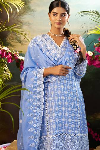 Blue embroidered pure cotton kurta trouser dupatta set