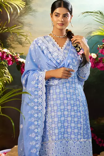 Blue embroidered pure cotton kurta trouser dupatta set