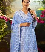 Blue embroidered pure cotton kurta trouser dupatta set