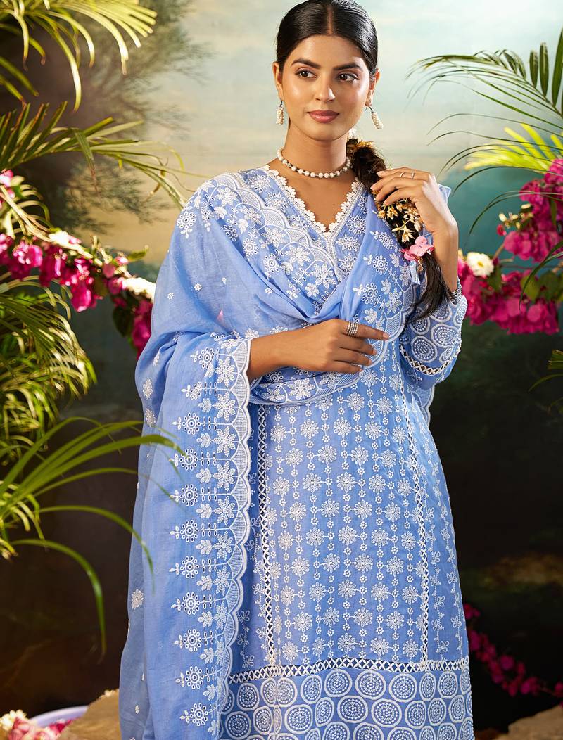 Blue embroidered pure cotton kurta trouser dupatta set