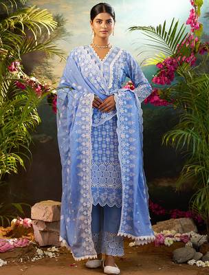 Blue embroidered pure cotton kurta trouser dupatta set 2