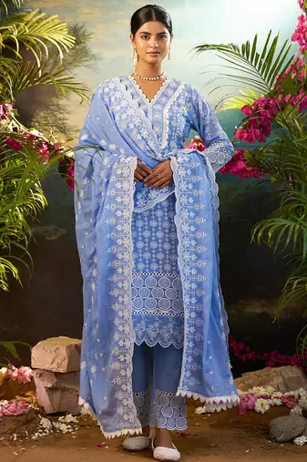 Blue embroidered pure cotton kurta trouser dupatta set