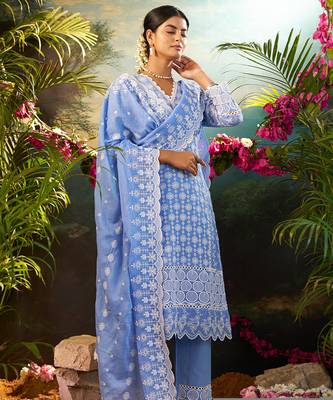 Blue embroidered pure cotton kurta trouser dupatta set 3