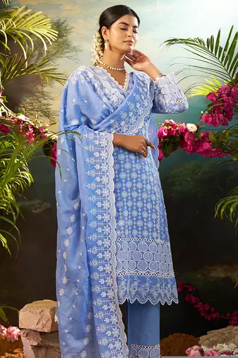 Blue embroidered pure cotton kurta trouser dupatta set