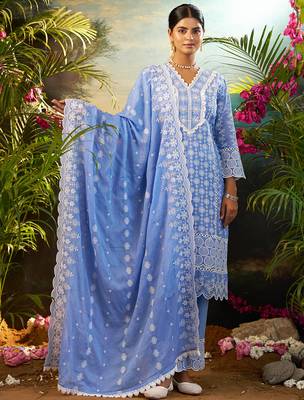 Blue embroidered pure cotton kurta trouser dupatta set 4