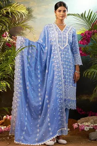 Blue embroidered pure cotton kurta trouser dupatta set