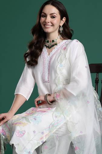 White printed silk kurta trouser dupatta set