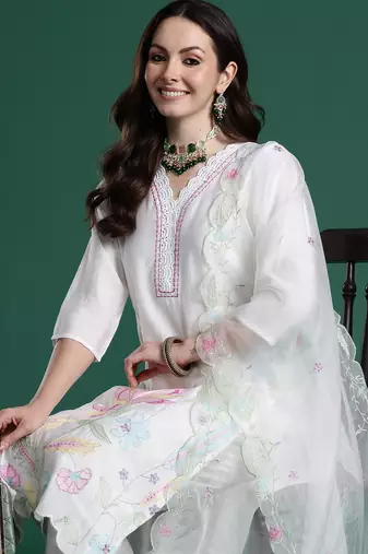 White printed silk kurta trouser dupatta set