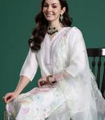White printed silk kurta trouser dupatta set