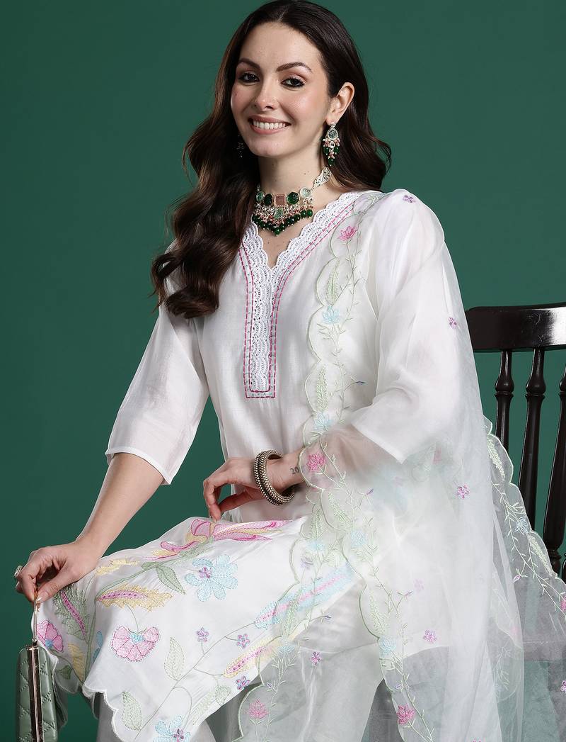 White printed silk kurta trouser dupatta set