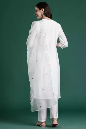 White printed silk kurta trouser dupatta set