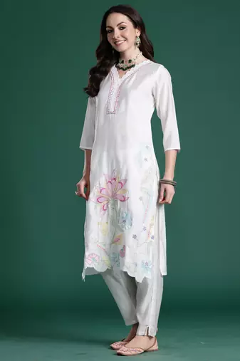 White printed silk kurta trouser dupatta set
