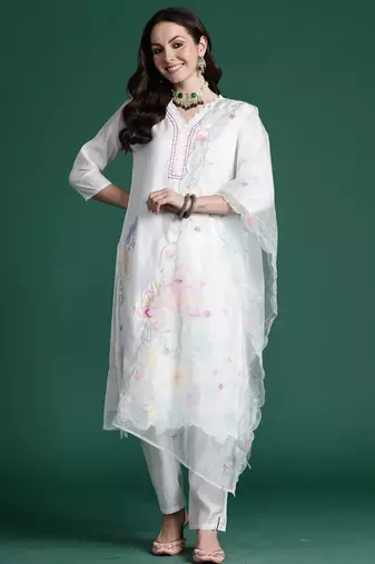 White printed silk kurta trouser dupatta set
