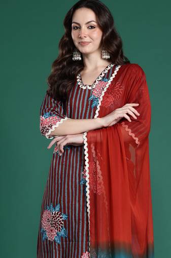 Multicolor printed pure cotton kurta trouser dupatta set