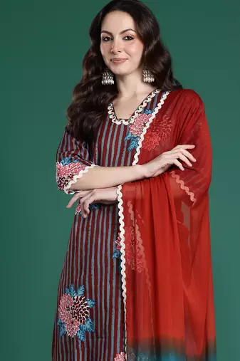 Multicolor printed pure cotton kurta trouser dupatta set