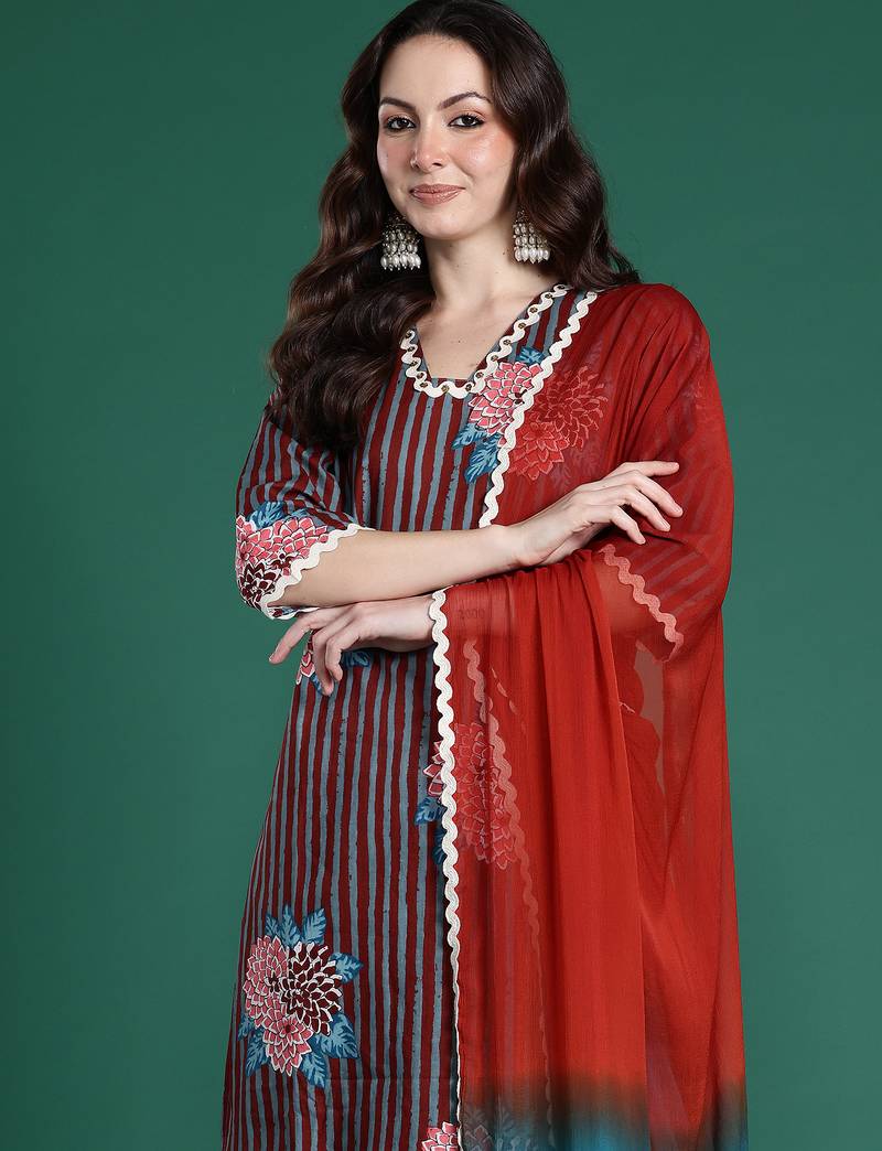 Multicolor printed pure cotton kurta trouser dupatta set