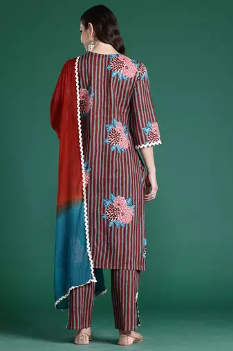 Multicolor printed pure cotton kurta trouser dupatta set