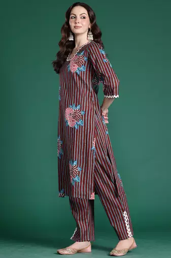 Multicolor printed pure cotton kurta trouser dupatta set