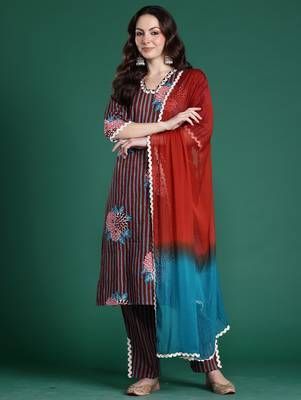 Multicolor printed pure cotton kurta trouser dupatta set 4
