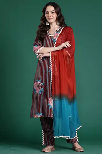 Multicolor printed pure cotton kurta trouser dupatta set