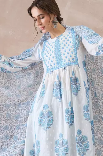 White printed pure cotton kurta trouser dupatta set