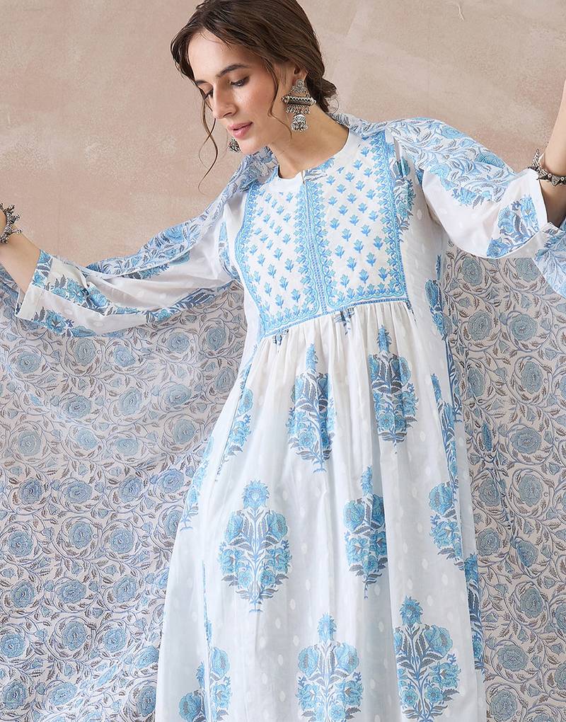 White printed pure cotton kurta trouser dupatta set