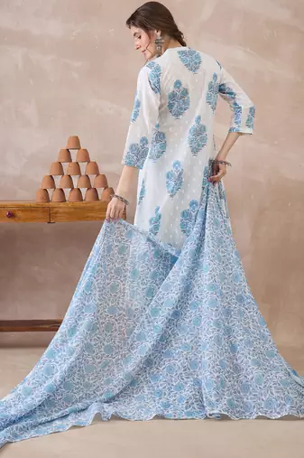 White printed pure cotton kurta trouser dupatta set