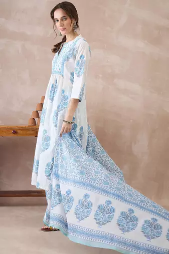 White printed pure cotton kurta trouser dupatta set