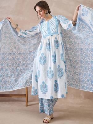 White printed pure cotton kurta trouser dupatta set 4