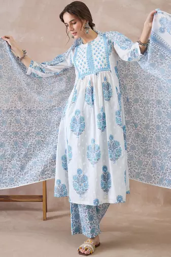 White printed pure cotton kurta trouser dupatta set