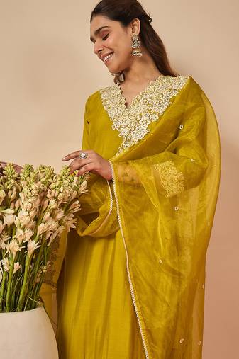 Green embroidered silk kurta trouser dupatta set