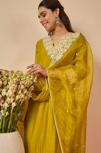 Green embroidered silk kurta trouser dupatta set